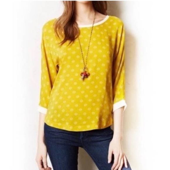 Maeve Tops - Maeve Anthropologie Women’s Ashton Ringer Mustard Yellow Dot Zip Up Rayon Shirt